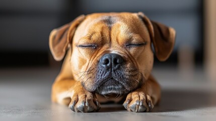 Fototapeta premium A brown and white dog with its eyes closed, lying on the floor with its paws folded under its head.