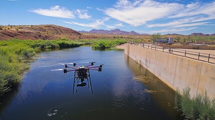 A demonstration of innovative water resource technology, where drones are used to monitor water levels and quality in remote reservoirs, enhancing water efficiency