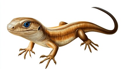 Fototapeta premium A brown lizard with blue eyes and a long tail, looking at the camera, isolated on a white background.