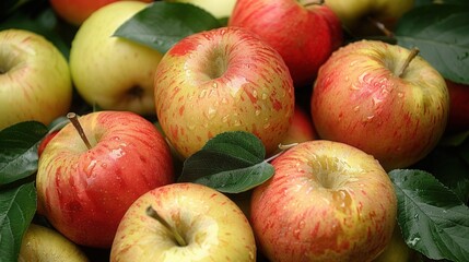 A close up of wet apples with green leaves


