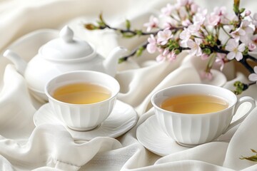 Two white teacups and a teapot are placed on a white fabric background with cherry blossoms

