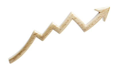 Wooden arrow graph trending upwards, isolated on transparent cutout background