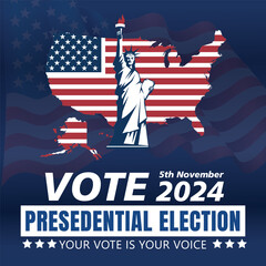 USA 2024 Presidential Election Background and Banner Design with American Flag: Perfect for Election Event Banners, Cards, Posters, and Political Campaigns
