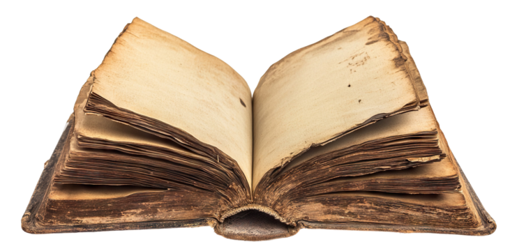 Antique open book with aged pages, isolated on transparent cutout background