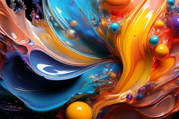 Spilled paint, spatial multicolor abstraction with glossy surface, light and shadow, reflections. Background, wallpaper.