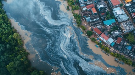 An aerial view of an urban area after heavy rainfall, where runoff water mixed with pollutants is flowing into a river, creating visible contamination plumes