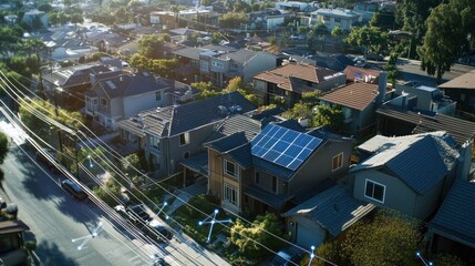 Obraz premium A decentralized grid system in an urban neighborhood, where homes use a combination of rooftop solar, battery storage, and peer-to-peer energy trading to reduce reliance on a central grid