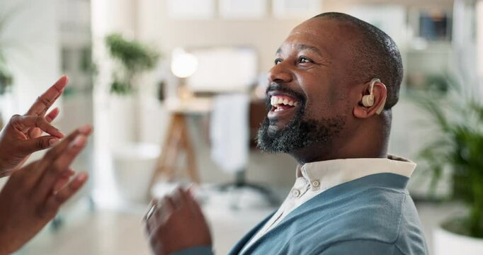 Black man, happy and hearing aid with doctor fitting, health insurance and tech for audio support. Healthcare, clinic and listening of male person with disability for deaf care for sound with smile