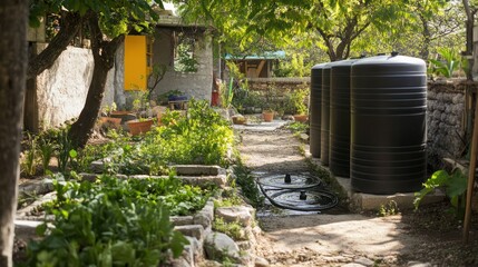 Naklejka premium A sustainable rainwater harvesting system installed in a schoolyard, collecting and storing water for irrigation and non-drinking purposes, with a focus on education and conservation
