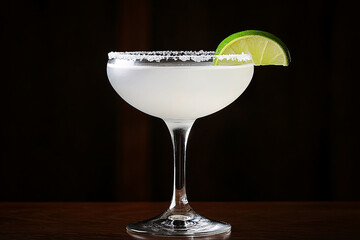 Set on a wooden table, the margarita with its salted rim and lime garnish embodies the classic taste