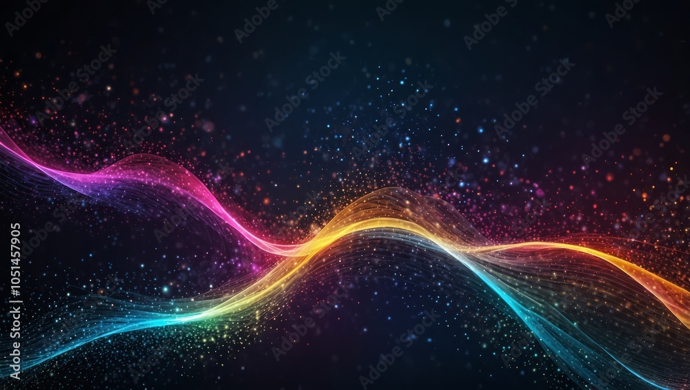 Wall mural digital colorful particles wave and light abstract background with shining dots stars