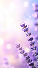 Obraz premium Lavender flowers in soft focus create serene and calming atmosphere, showcasing delicate purple blooms against dreamy pastel background