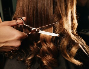 Close-up of a stylist's hands working through thick, wavy brown hair, preparing to snip with gold scissors.