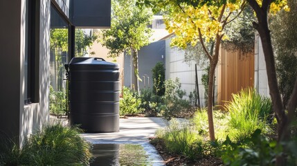 Naklejka premium An innovative water conservation system that recycles greywater from homes and offices for irrigation and non-drinking purposes, displayed in a modern urban environment