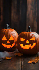 Obraz premium Spooky Halloween pumpkins with glowing faces create festive atmosphere. carved designs and warm light evoke sense of joy and celebration during this autumn season