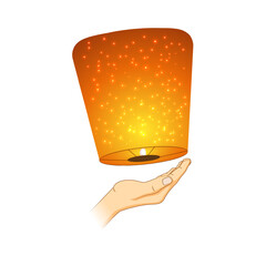 Vector illustration of burning paper lantern with hand on transparent background