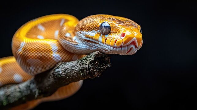 A close-up of a yellow and white snake with blue eyes, resting on a branch against a black background.