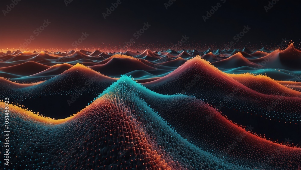 Wall mural dots on 3d wave landscape. connection through technology background concept. digital world, virtual 