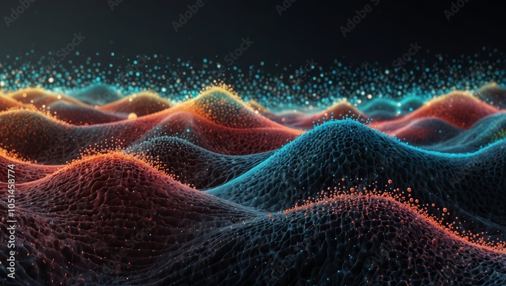 Wall mural dots on 3d wave landscape. connection through technology background concept. digital world, virtual 