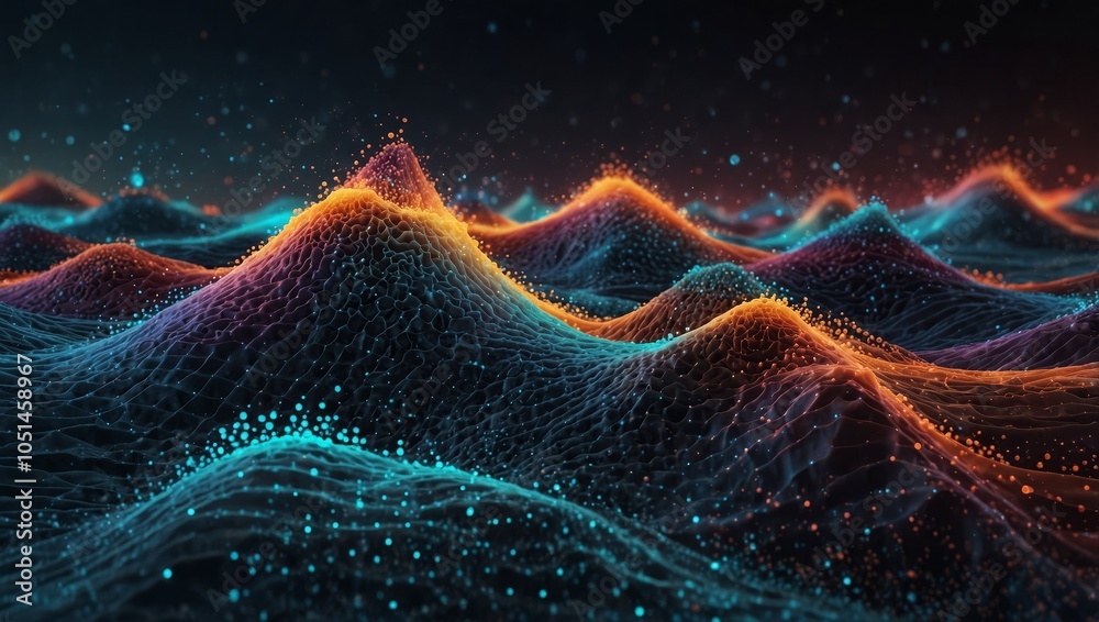 Wall mural dots on 3d wave landscape. connection through technology background concept. digital world, virtual 