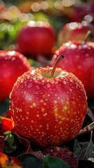 Close up of a red apple covered in water droplets, resting among fallen leaves on the ground.

