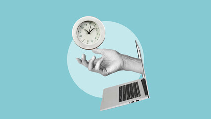 Time management and Full Time - Part Time job. The hand from laptop is holding the clock. Concept...