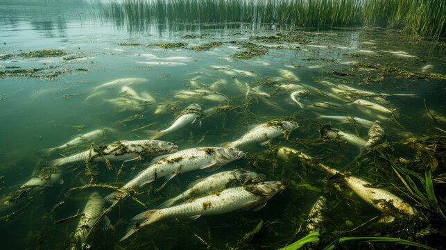 A fish kill event in a lake affected by agricultural pollution, where excess nutrients from fertilizers lead to oxygen depletion, harming aquatic life