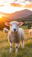 Obraz premium cute lamb stands in lush green field during sunset, surrounded by other sheep. warm glow of sun creates serene atmosphere, highlighting beauty of nature