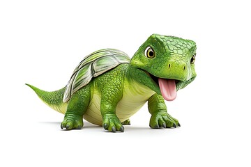 A vibrant green dinosaur-like creature with a shell, playfully posed with its tongue out, on a bright white background.