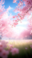 Fototapeta premium serene landscape featuring blooming cherry blossom trees under clear blue sky, creating tranquil and picturesque scene. soft pink flowers contrast beautifully with lush green grass, evoking sense of