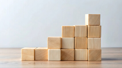 Obraz premium Stack of children's wooden blocks on table, eco-friendly toys, wooden cubes