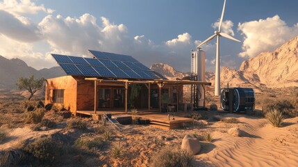 Fototapeta premium An off-grid home setup in a desert region, utilizing solar panels, a wind turbine, and a water-to-hydrogen generator to produce clean energy without reliance on external power sources