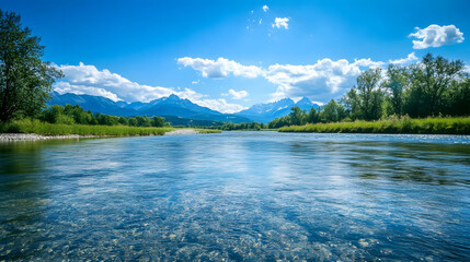 Fototapeta premium Tranquil mountain lake reflecting blue sky and green forest
