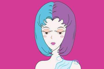 A woman with short hair, half blue and pink. illustration vector, hand drawn, curled eyelashes, cartoon