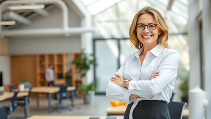 Fototapeta premium Portrait of smiling businesswoman standing with arms crossed in modern office