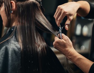 Skilled hands pulling sections of shiny black hair taut, preparing for a precision cut with high-quality shears.