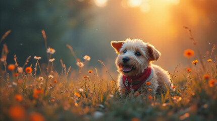 a happy dog in nature on a sunny day