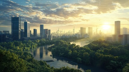 Obraz premium A city transitioning to low-carbon electricity resources, with a mix of solar, wind, and hydroelectric power feeding into the grid, reducing reliance on fossil fuels