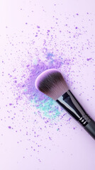 vibrant makeup brush rests on pastel purple surface, surrounded by colorful powder splashes. scene captures artistry and creativity of makeup application
