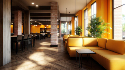 Naklejka premium modern interior design featuring spacious lounge area with orange walls, large windows, and stylish furniture. warm ambiance is enhanced by natural light, creating welcoming atmosphere