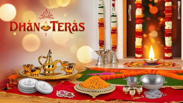 Dhan Teras Celebration with Traditional Diya, Gold Coins, and Decor, Festive Dhanteras Setup with Diya, Marigold Flowers, and Wealth Symbols