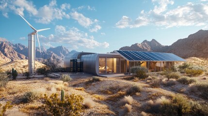 Fototapeta premium An off-grid home setup in a desert region, utilizing solar panels, a wind turbine, and a water-to-hydrogen generator to produce clean energy without reliance on external power sources