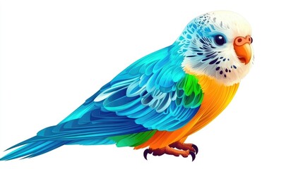 Obraz premium A colorful parakeet with blue, green, yellow, and white feathers, perched on a white background.