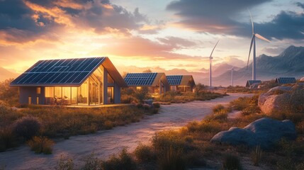 Fototapeta premium A group of remote eco-friendly homes relying on off-grid electrical resources, with solar and wind energy systems connected to shared battery storage