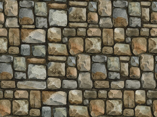 Rough stone surface seamless pattern element. Watercolor illustration. Hand drawn different solid stones, rough rocks background. Rocky rustic wall texture surface seamless pattern