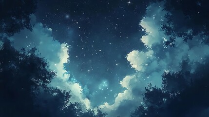 A mystical watercolor night sky filled with stars and wispy clouds.