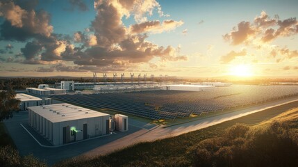 Obraz premium A large-scale battery storage facility next to a solar farm, storing excess energy during the day for use at night, supporting a renewable energy grid