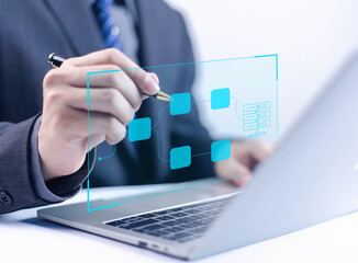 Businessman planning work, office concept hierarchical workflow process, flowchart layout, business information technology project