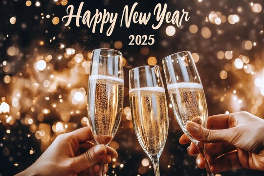 Champagne Toast Collage: Photos of clinking champagne glasses with bubbles rising. The text "Happy New Year 2025" in an elegant, cursive font at the top