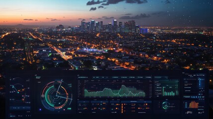A digital dashboard showing real-time data from a smart grid, with sensors monitoring energy usage, distribution, and renewable energy production across a city